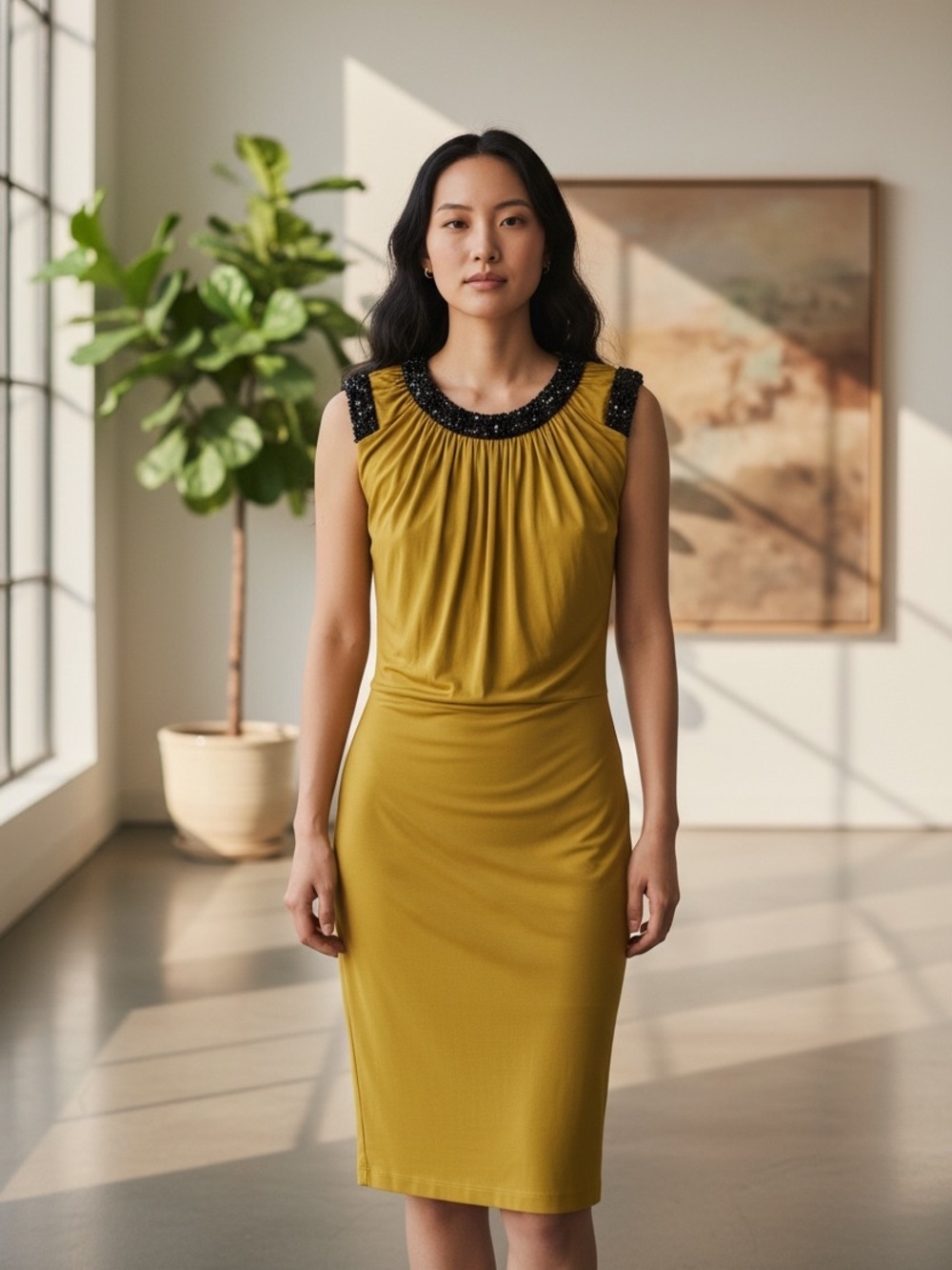 NWT Robert Rodriguez Mustard Yellow Sleeveless Beaded Open Back Midi Dress
